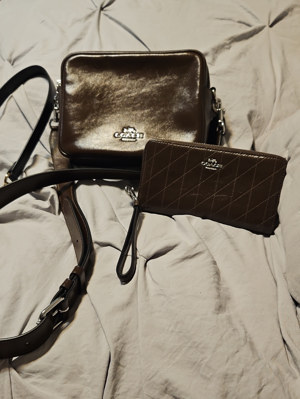 Coach Carey Brown Leather Crossbody Bag with Quilted Long Zip Around Wallet